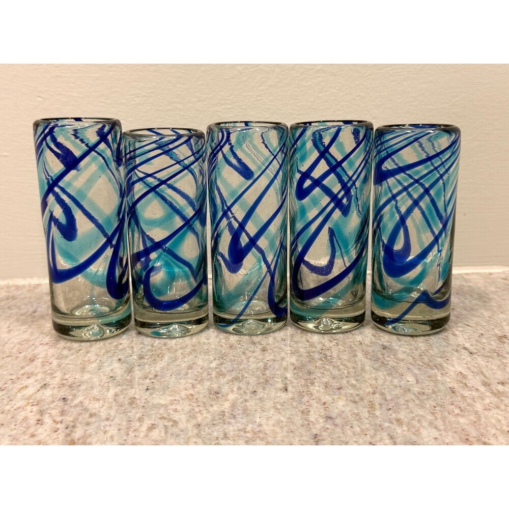Set of 5 Mexican Hand-Blown Cobalt Blue Ribbon Swirl Shot Glasses
